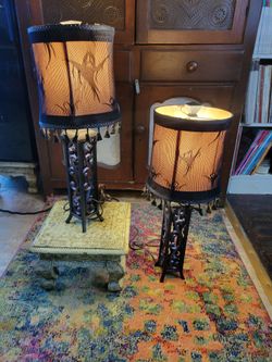 Pair of Wrought Iron Lamps with Mesh Shades