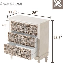 28.7H Farmhouse 3-Drawer Dresser with Flower Pattern, Night Stand with 3 Storage Drawers, Fully Assembled Nightstand for Boho, Accent End Table, Chest