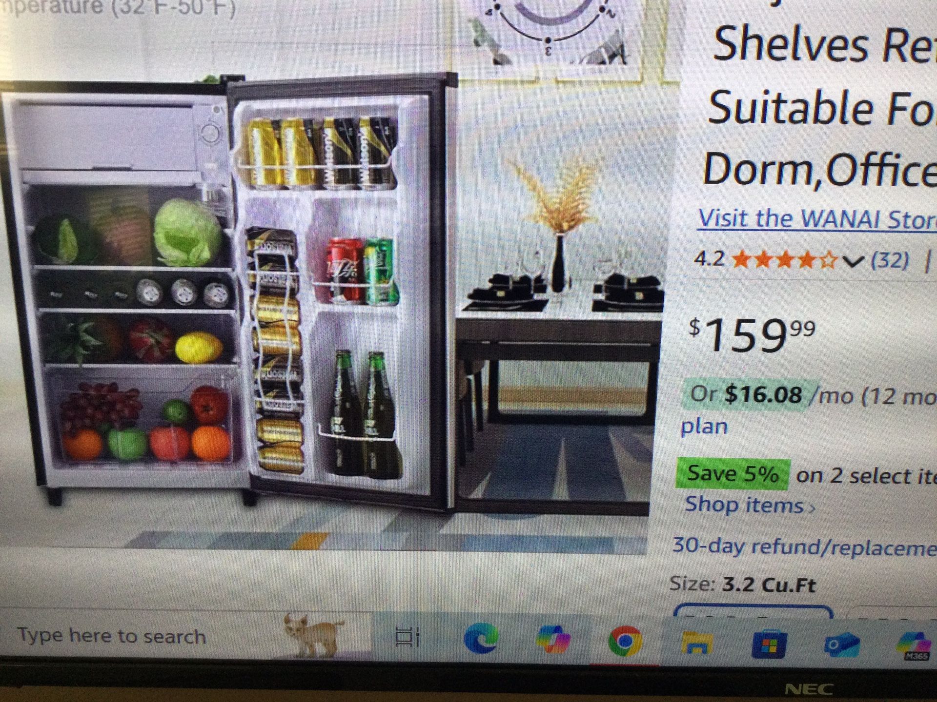 MINI REFRIGERATOR 3.2 CU. FT, SINGLE DOOR ADJUSTABLE THERMOSTAT, ADJUSTABLE REMOVABLE SHELVES AND LOWER BIN