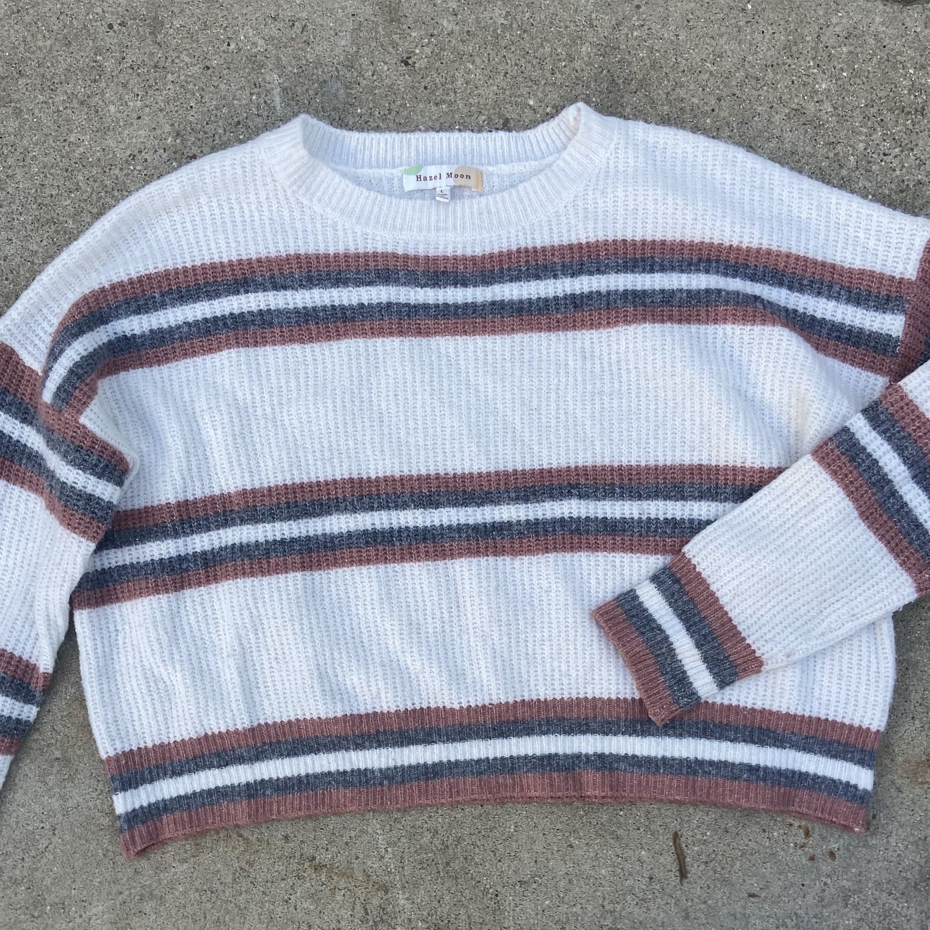 Hazel Moon White Crop Sweater Grey Pink Stripes SIZE L
