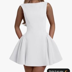 White Women's Summer Sleeveless Crew Neck Backless A-line Mini Party Prom Dress Large 