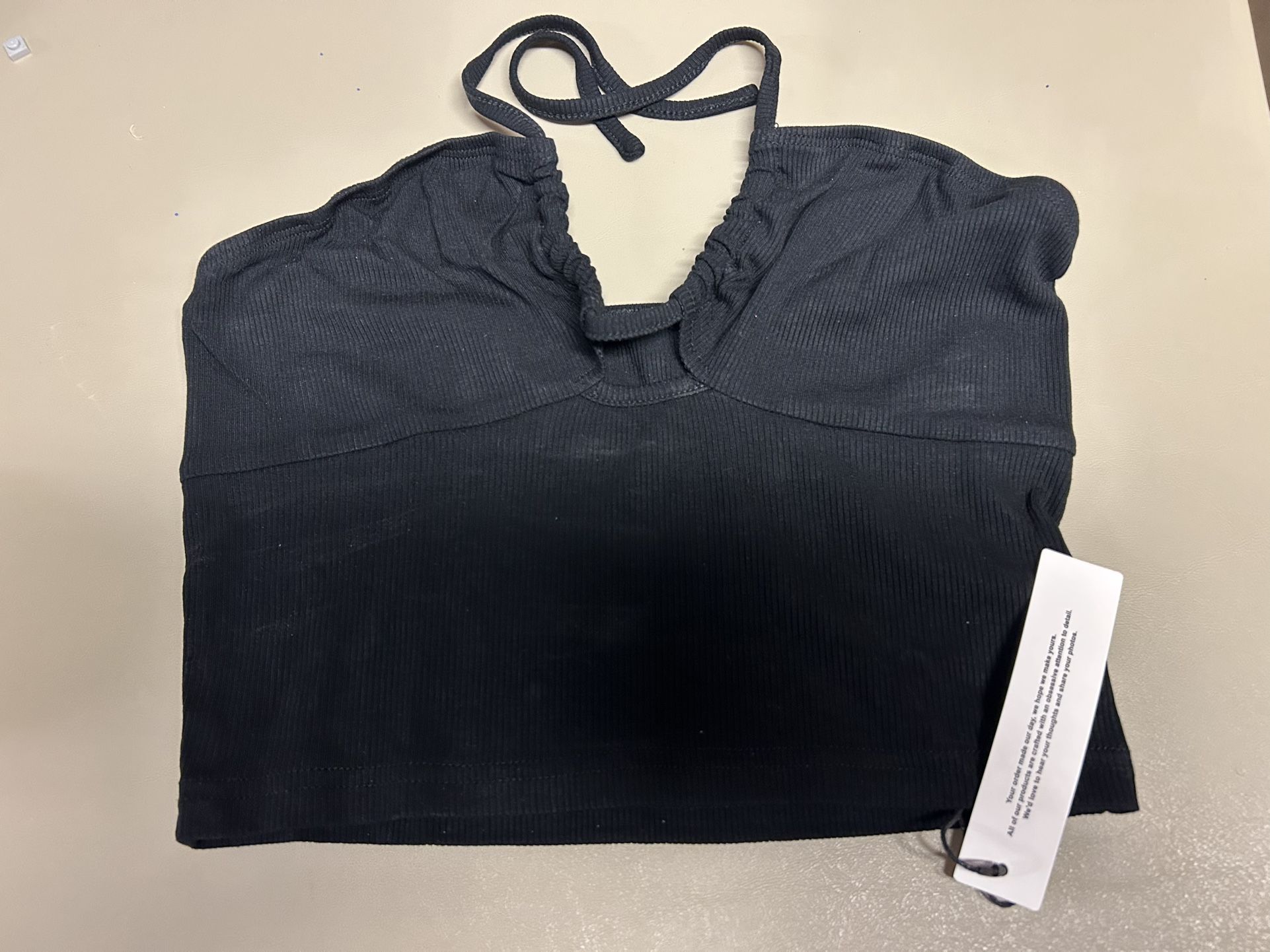 black ribbed crop top with tie back detail size small new with tags