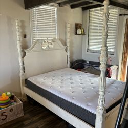 Solid Wood Custom Farmhouse Queen Bed Frame With Like New Mattress 