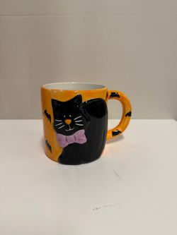 Spooky Black Cat & Bat Ceramic Halloween Mug
