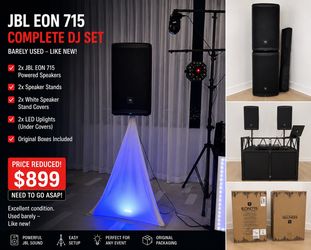 🔥 JBL EON 715 DJ Speaker Package – 2 Speakers + Stands + Covers + Uplights 🔥
