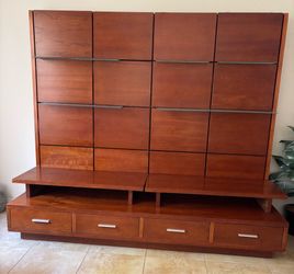 Plummers Modern Cherry Wall Unit/Media Center with Glass Shelves 85”w 95” h 27” deep