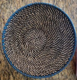 🧺✨ Handwoven Decorative Woven Basket Bowl – Black, Natural & Blue Accent – 14" ✨🧺