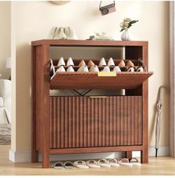 Fluted Shoe Cabinet with 2 Flip Drawers, Dark Walnut