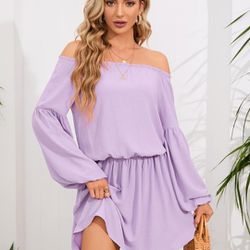 Women's Summer Off Shoulder Long Sleeve Pleated Mini Dress Casual Loose Strapless A Line Short Sundress with Pockets Light Purple M

