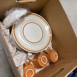 Plate Set Never Used - Includes Tea Cups And Pitcher