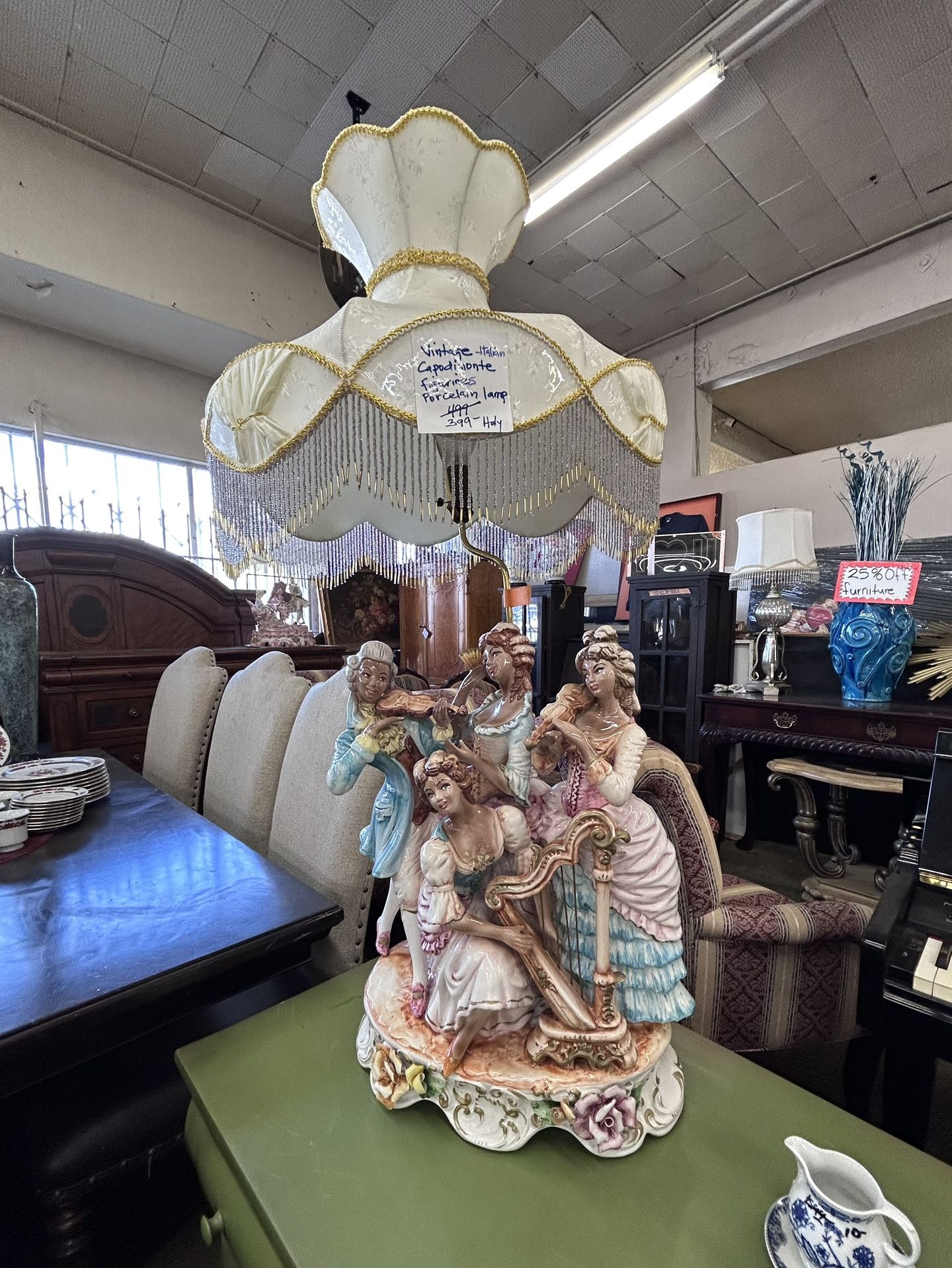 Vintage Italian Porcelain Figural Lamp | Four Musician Figures | Large Rococo Shade