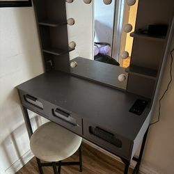 Vanity With Lights And Charging Station W/ Stool