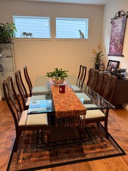 Set of 6 Solid Wood Dining Chairs – Upholstered Seats – Good Condition