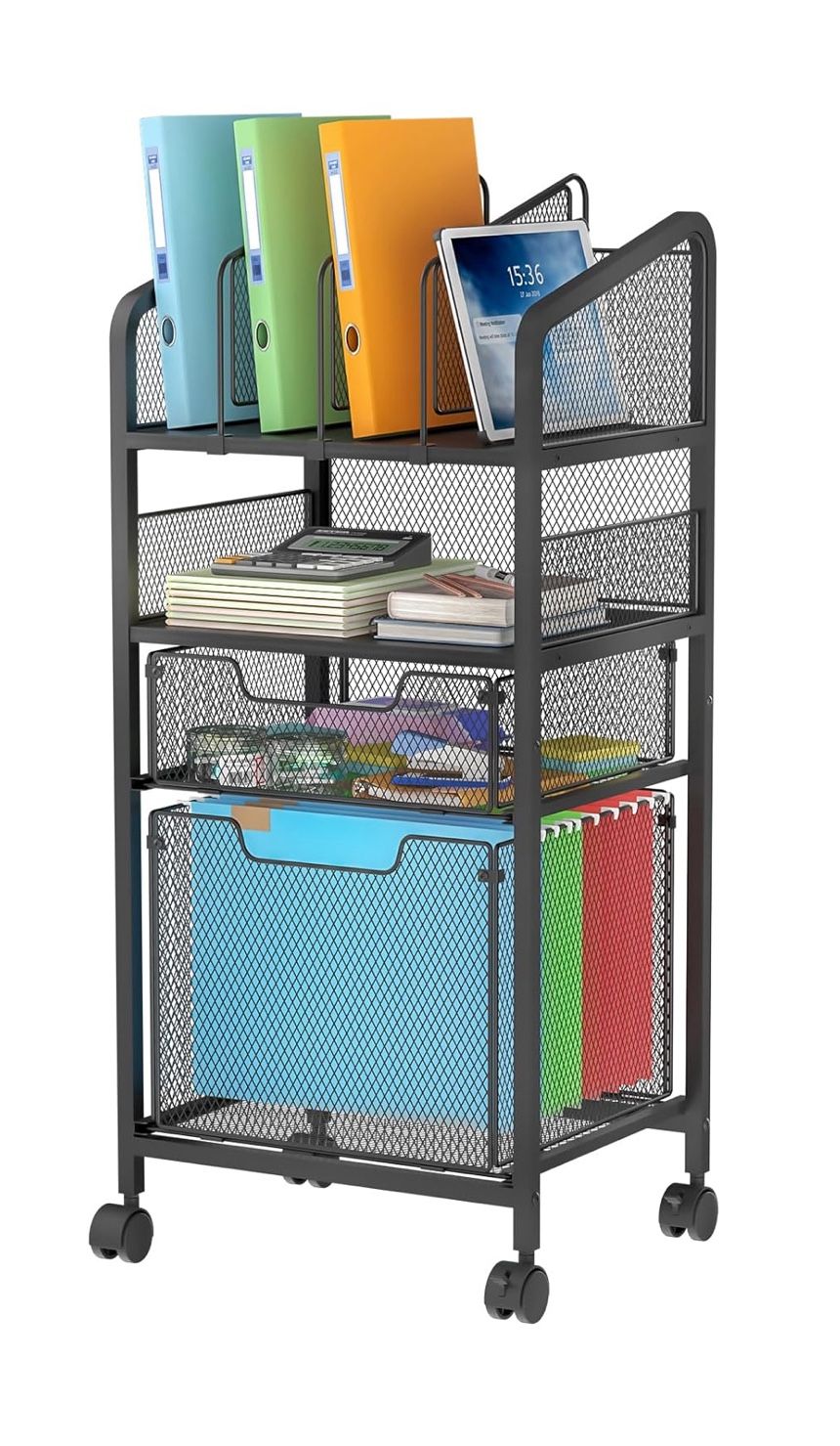 4-Tier Rolling File Cart with 2 Storage Drawers D(10)