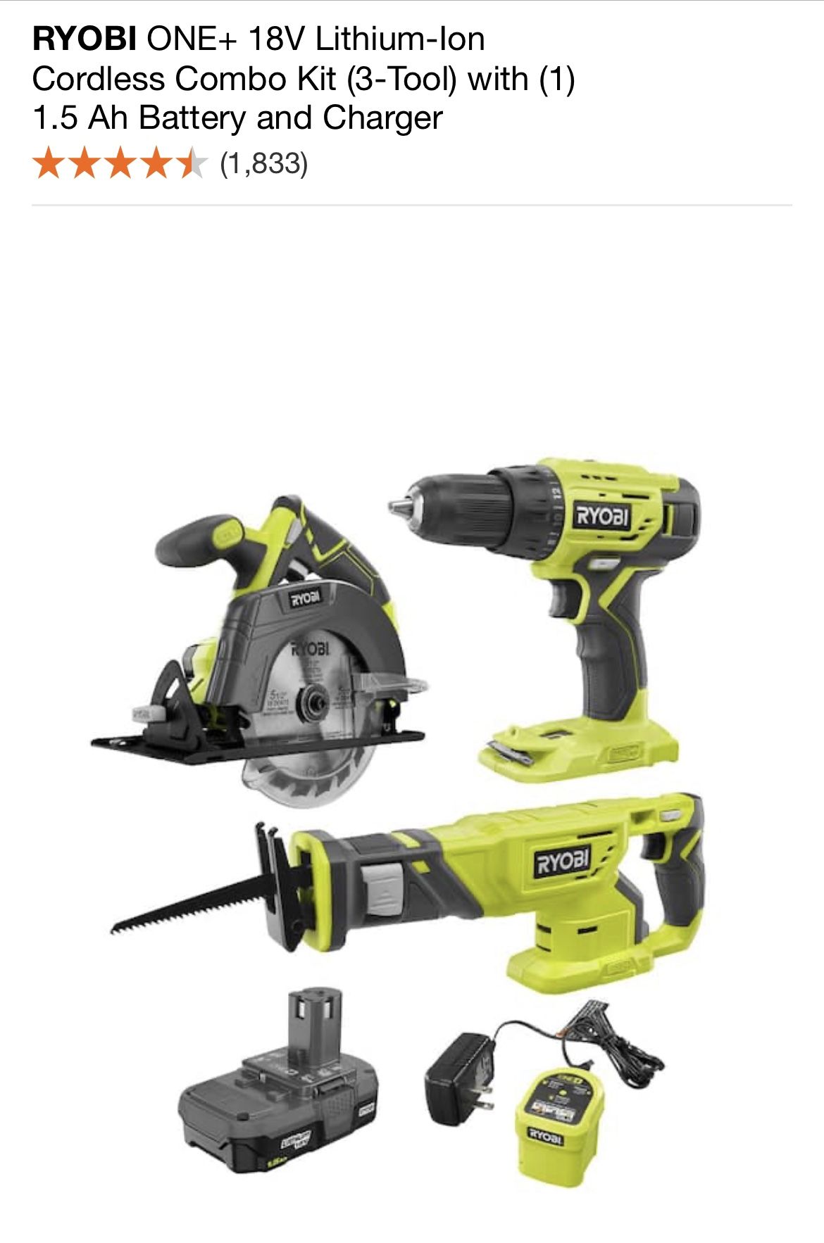 RYOBI ONE+ 18V Lithium lon Cordless Combo Kit (3 Tool) with (1