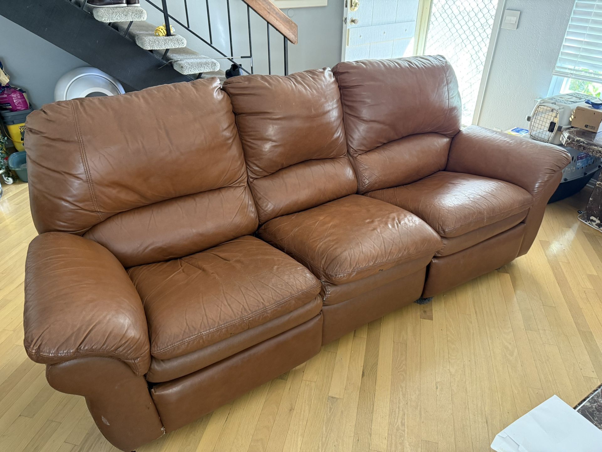 Brown Used Leather Recliner Sofa & Love Seat