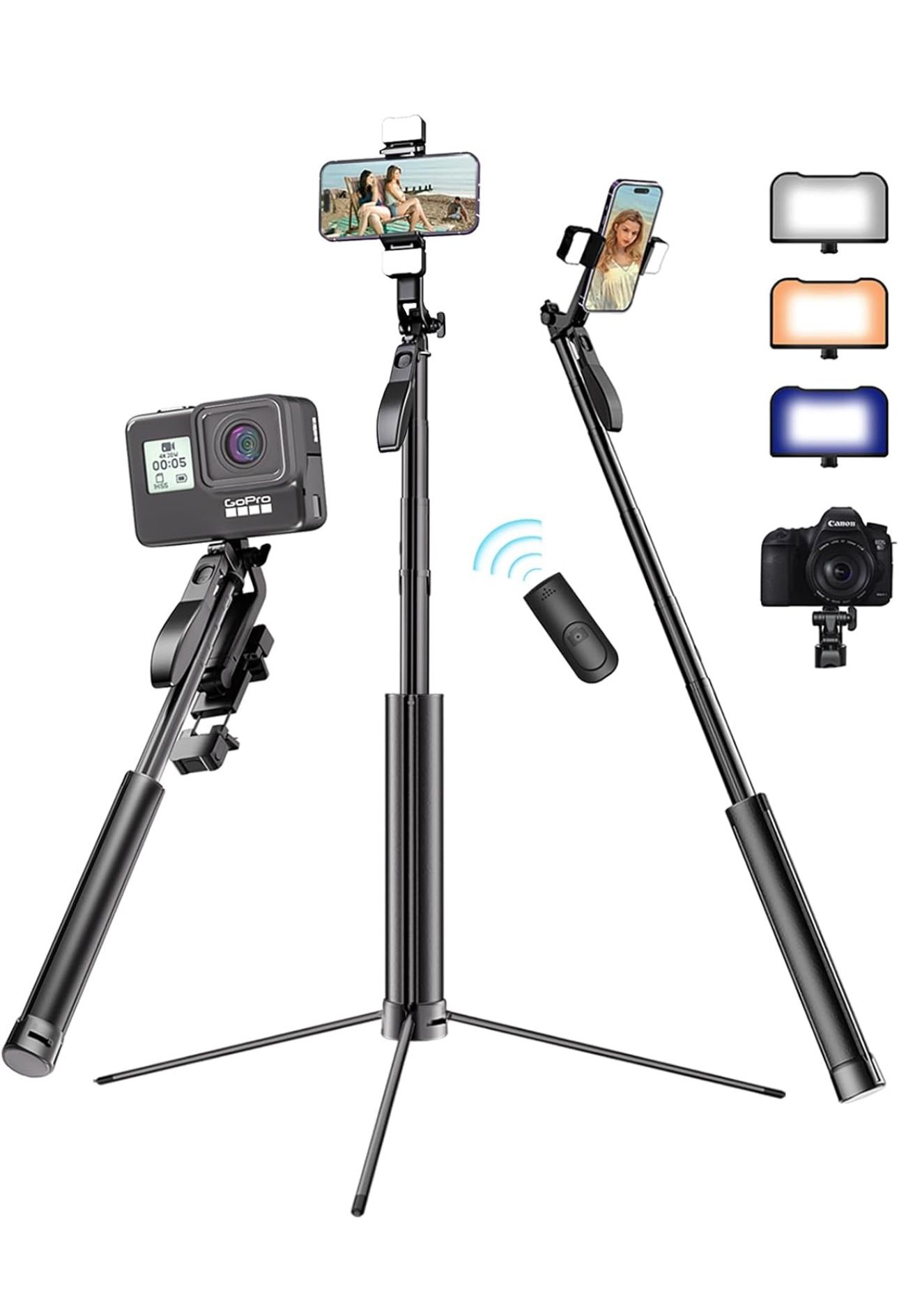 67" Metal Phone Tripod, Selfie Stick Tripod for iPhone with Remote 360° Rotating Balance Handle Phone Stand Tripod with RGB Light, Compatible with iPh