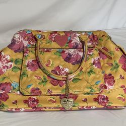 Betsey Johnson “Be Mine” Shoulder Bag, Purse, Floral, Yellow w/Pink Roses, Quilted