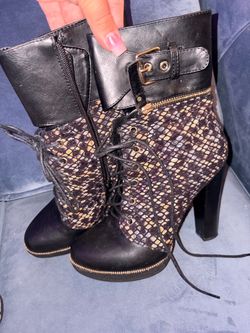 Black Snakeskin Print Lace-Up Heeled Booties