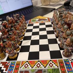 Vintage Folding Wood Chess Set Aztecs vs Conquistadors Hand Carved Painted Rare!