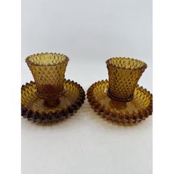 2 Amber Hobnail Glass Votive Tealight Peg Candleholders And Saucers Flaw