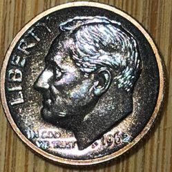AMAZING UNCIRCULATED 1962 BLUEBERRY, TONED PROOF 90% SILVER ROOSEVELT DIME FULL TORCH BANDS!!