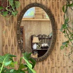 Vintage Gold Large Oval Floral Scroll Ribbon Wall Mirror Gallery Boho Ornate Hanging Patina Light