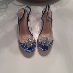 women's formal shoes.  royal blue and plastic with 2 inch heel and rhinestones.  size  9.5 M. Brand new never worn