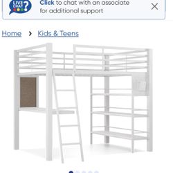 Twin-White Metal loft Bed W/ Desk & Shelves