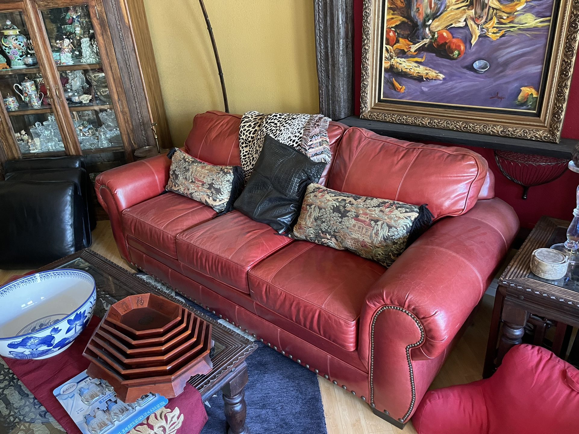 Red Leather Couch Sofa - Like New!