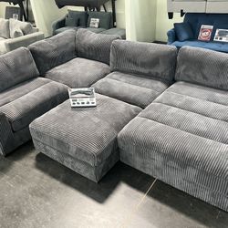 New 5 Piece Corduroy Sectional.  Grey.  68 X 127 X 66.  Free Delivery!