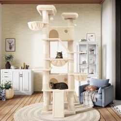 SHA CERLIN 81in Multi-Level Tall Cat Tree Tower for Indoor Kitties/Larger Cat Condo Furniture with Hammock/Cozy Pussycat Perches/Sisal Scratching Post