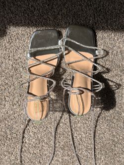 Silver Rhinestone Lace Up Heels Square Toe (Read Desc)
