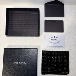Prada Black Crocodile Embossed Patent Bi-Fold Wallet