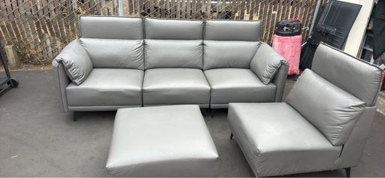Gray Leather Sofa Set with Ottoman and Chair
