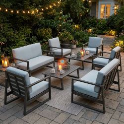 8-Seater Outdoor Patio Wooden Furniture Set with Thick Cushion
