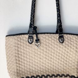 Vintage Brighton Peggy Woven Jute Straw Bag with Braided Leather Black Handle