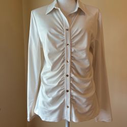 NWT LOFT Women's Cream White Ruched Center Button-Up Shirt Long Sleeve - Size XL