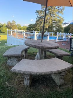 Vintage concrete round pedestal table with 3 benches