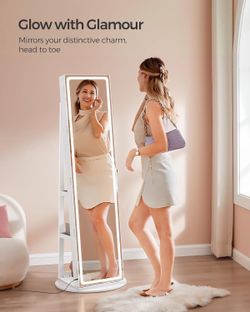 LED Jewelry Cabinet Standing, Lockable Armoire With Full-Length Mirror and Adjustable Lights, Space-Saving Organizer, Gift Idea, Cloud White UJJC008W0