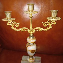 Onyx Marble & Brass Candelabra Candle Holder Vintage