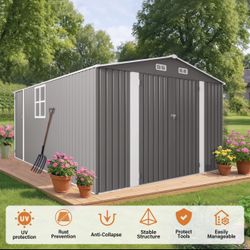 10x14 FT Outdoor Metal Storage Shed, Durable Garden Shed with Three Lockable Doors, Windows Grey 