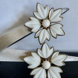 Vintage CORO Signed White Enameled Flower Floral Yellow Gold Plated  Adjustable Screw On Back/ Earrings