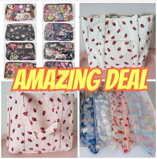 (24 Pcs) Bundle Wristlet 3 Zipper Clutch Purse/Makeup Accessory Bags Large Strawberry Corduroy Tote Set Lot Christmas Stocking Stuffers