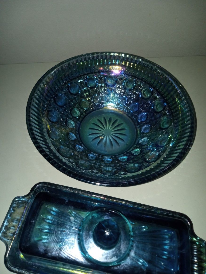 Blue Opalescent Butter Dish & Bowl
