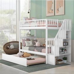 White Wood Bunk Bed with Trundle & Storage Stairs – $200 OBO