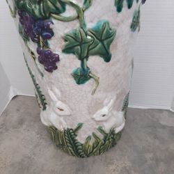 Majolica Pottery Umbrella Stand/Large Vase With Rabbits