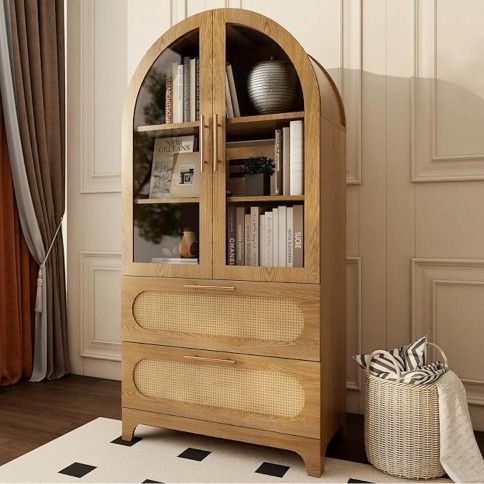 Arched Glass Cabinet Storage With Drawers
