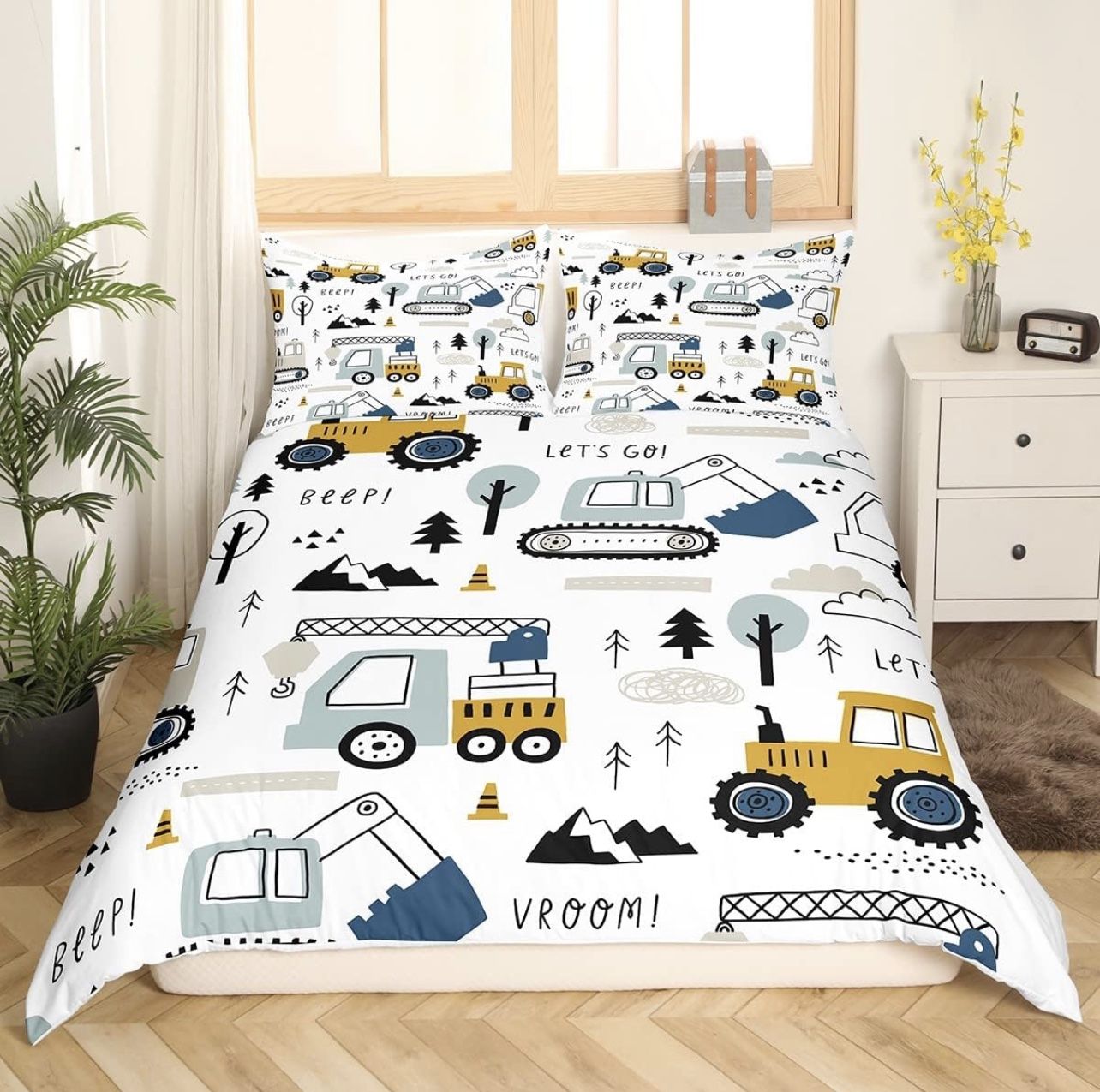 Cartoon Car Kids Bedding Set Construction Bedding Duvet Cover Set Boys Decor Equipment Trucks Comforter Cover Set Excavator Tractor White Yellow Bedsp