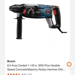 8.5 Amp Corded 1-1/8 in. SDS-Plus Variable Speed Concrete/Masonry Rotary Hammer Drill...